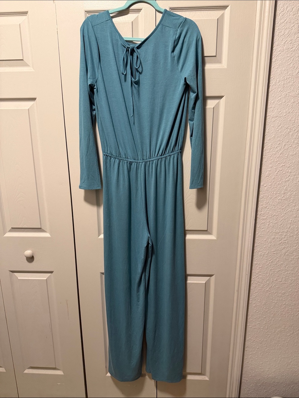 Zenana Outfitters Teal Blue Long-Sleeve Tie-Neck Jumpsuit